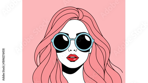 Vibrant Pop Art Portrait of a Young Woman with Pink Hair and Sunglasses
