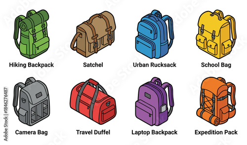 Various Types of Bags Illustration: Hiking Backpack, Satchel, Urban Rucksack, School Bag, Camera, Travel Duffel