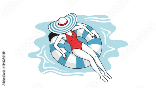 Stylized Vector Illustration of Woman in Red Swimsuit Relaxing on Inflatable Tube in Water