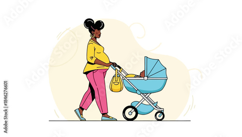 Stylish Pregnant Woman Pushing a Baby Stroller with a Yellow Bag