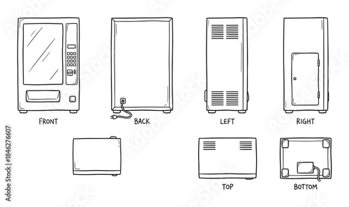 Vending Machine Views: Front, Back, Left, Right, Top, and Bottom, Line Art