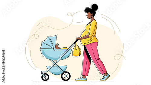 Pregnant Woman Pushing a Baby Stroller, Vector Illustration