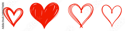 Set of red heart shapes in bold filled and hand drawn outline styles representing love romance and Valentine themes isolated on white background.