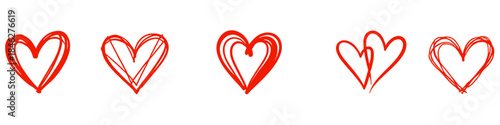 Set of hand drawn red heart doodles in varied sketch styles representing love romance and emotional expression isolated on white background