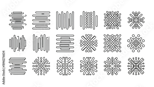 Collection of abstract geometric line art icons representing sound waves data visualization and digital patterns