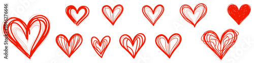Large collection of hand drawn red heart shapes in varied sketch and doodle styles representing love romance and emotional expression isolated on white background