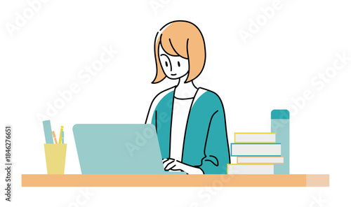 Upper Body of Working Woman Using Laptop – Desk Work, One Person, 20s 30s