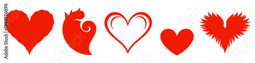 Stylized red heart illustrations in various decorative shapes including classic abstract and winged designs isolated on white background symbolizing love romance and passion