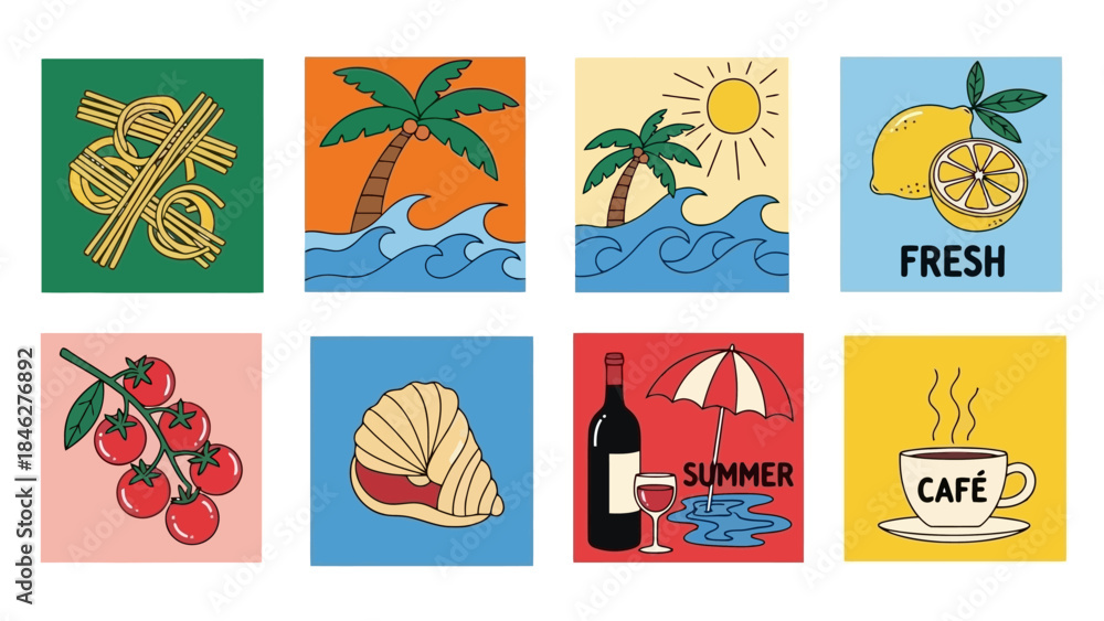 Fototapeta premium Set of Eight Flat Vector Illustrations: Food, Summer, and Travel Themes