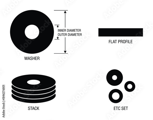 Washer Illustration Set Flat Profile Stack and Diameter Guide Black and White Technical Diagram
