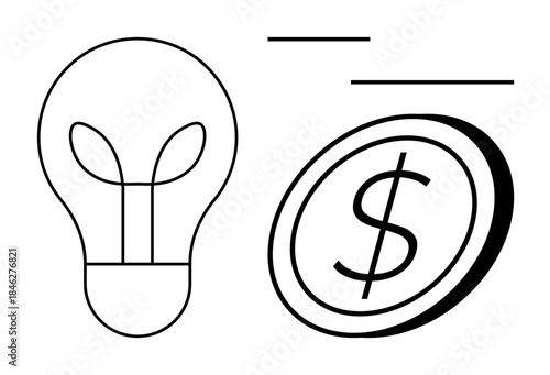 Innovation, business strategy, financial growth, creative solutions, entrepreneurship, economic potential. Outline of a lightbulb and a coin with a dollar symbol. Innovation and business concepts