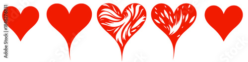 Red heart illustrations in multiple decorative styles including solid and artistic cutout designs isolated on white background representing love romance and emotion