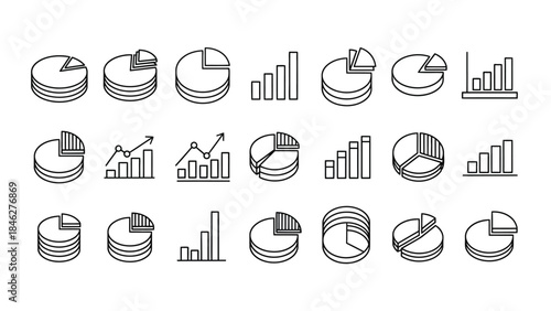 Collection of isometric line art icons representing various data visualization charts including pie graphs and bar charts for analysis