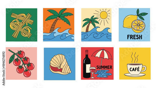 Set of Eight Flat Vector Illustrations: Food, Summer, and Travel Themes