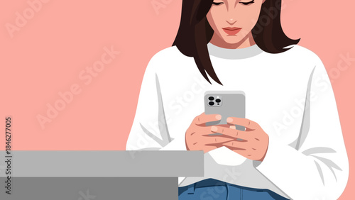 Young Woman Texting on Smartphone, Casual Wear, Pink Background with Copy Space