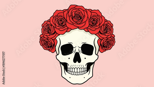 Stylized Skull with Red Rose Flower Crown Against a Pale Pink Background