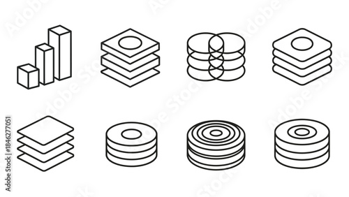 Collection of eight isometric line icons representing data structures storage layers and database concepts in minimalist design