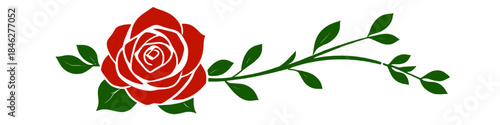 Red rose flower illustration with green leaves and stem isolated on white background symbolizing love romance beauty and passion.