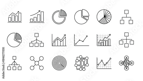 Collection of minimalist black outline icons representing data analysis charts organizational structures and technological concepts for presentations