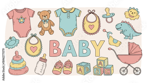 Cute Baby Stuff Doodle Collection: Clothes, Toys, Stroller, and Accessories Vector Art