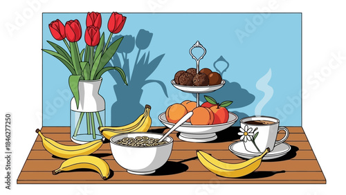 Healthy Breakfast Table Setting with Fruits, Cereal Bowl, Coffee Cup, and Tulips