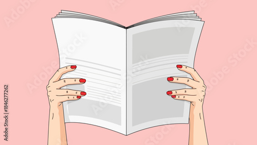 Woman's Hands Holding Open Magazine or Newspaper with Blank Pages, Pink Background