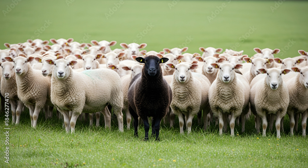 Fototapeta premium in herd of black sheep one white sheep, difference between white sheep and black sheep, white sheep in black sheep , difference between mindset, difference between evil and good deeds, 