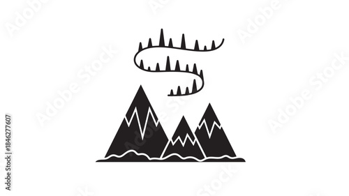 Mountain and reindeer silhouette design element on transparent background