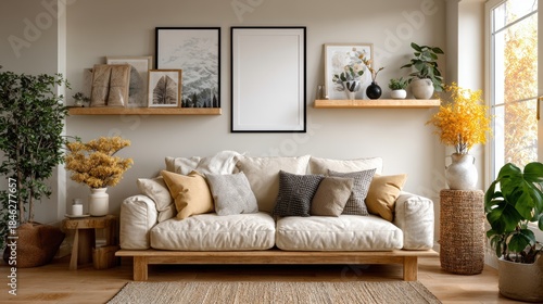 Fototapeta Naklejka Na Ścianę i Meble -  interior design of modern living room with beige fabric sofa and cushions. White wall with frame and space for text, living, furniture