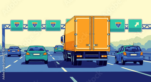 A vibrant illustration captures the essence of modern road transportation, depicting a large orange truck and cars navigating a busy multi-lane highway.
