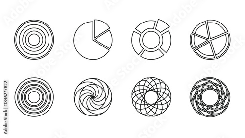 Collection of eight black and white circular icons featuring data visualization elements and abstract geometric patterns