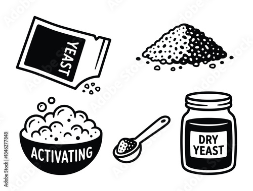 Yeast Illustration Set: Packet, Pile, Activation Bowl, Spoonful, and Jar