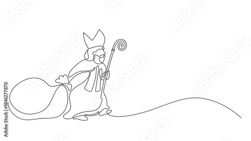 Saint nicholas with gifts and staff continuous line drawing on transparent background silhouette