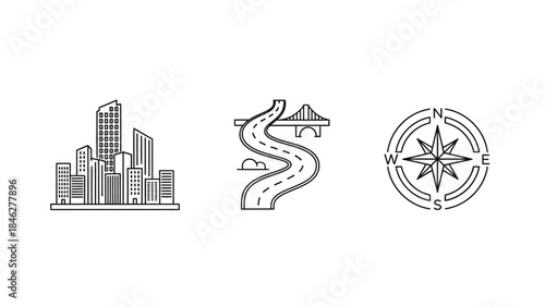 Set of three minimalist line icons representing city skyline winding road with bridge and navigational compass rose for travel