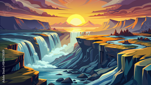 Extraordinary summer sunrise view of Selfoss Waterfall along the rocky Jokulsa a Fjollum river coast in Jokulsargljufur National Park, Iceland, highlighting dramatic light, flowing water, and untouche