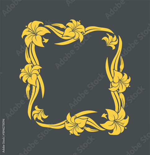 Floral Frame Square on Dark Background. Lilies Border Design