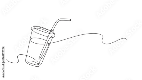 Minimalist line art of a drinking glass with straw on transparent background silhouette