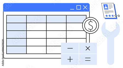 Spreadsheet grid, calculation symbols, dollar sign, wrench, and CV icon. Ideal for finance, accounting, data management career planning optimization toolkits and productivity. Simple flat