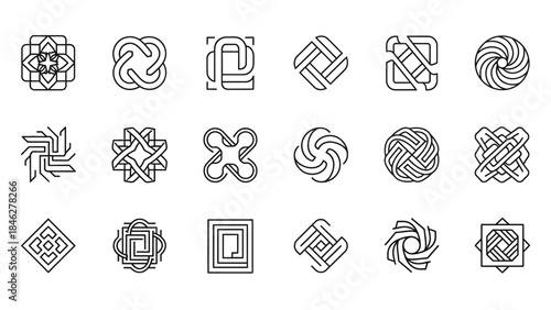 Collection of eighteen abstract geometric line art icons featuring intricate knot designs and rotational symmetry patterns