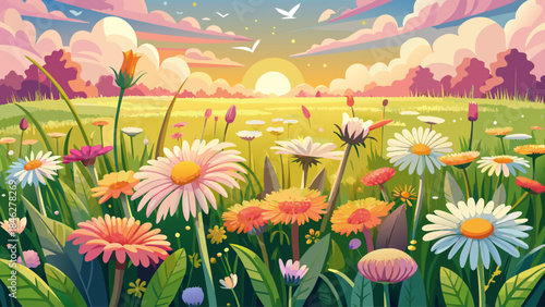 Beautiful spring field covered with delicate white and pink daisy flowers mixed with yellow dandelions under warm sunshine, evoking freshness, joy, and peaceful rural nature