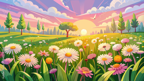 Beautiful spring field covered with delicate white and pink daisy flowers mixed with yellow dandelions under warm sunshine, evoking freshness, joy, and peaceful rural nature