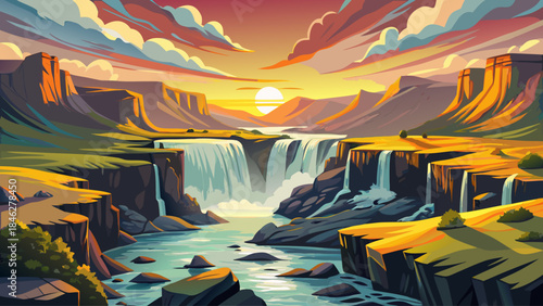 Breathtaking summer landscape of Selfoss Waterfall at sunrise, cascading through rugged volcanic terrain along the Jokulsa a Fjollum river in Jokulsargljufur National Park, Iceland