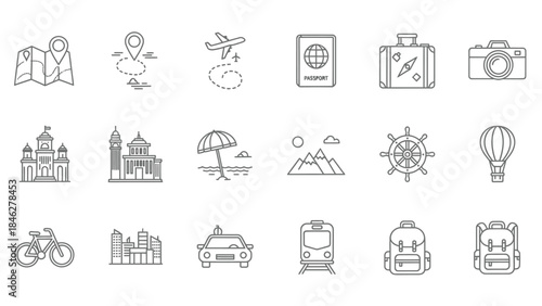 Collection of minimalist black line icons representing various travel and vacation concepts for navigation and adventure planning