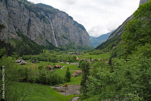 Lauterbrunnen valley, village of Lauterbrunnen, the Staubbach Fall, and the Lauterbrunnen Wall in Swiss Alps, Switzerland