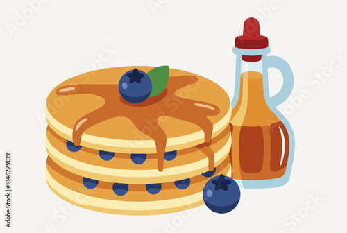 A delicious vector illustration of fluffy pancakes topped with blueberries and syrup, perfect for breakfast-themed designs.