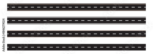 City road and highway top view. Street and road with footpaths and crossroads. Wavy winding curves roads and horizontal path. Vector black car road icons set. Top view of race track and highway.