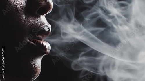 Dramatic Close Up Of A Person Exhaling A Plume Of Smoke.