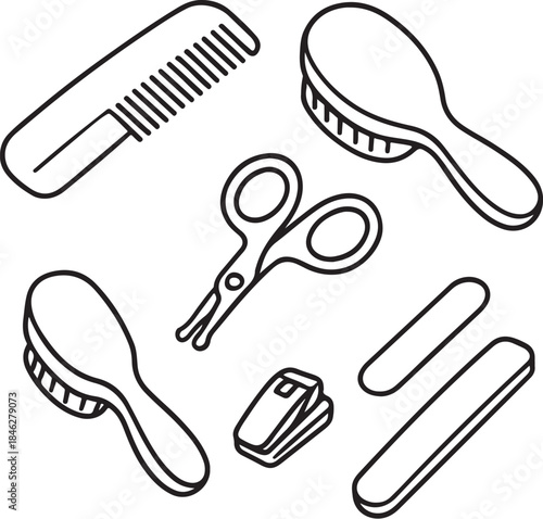 Baby Grooming Kit Line Art Comb, Brush, Scissors, Clippers Set.eps