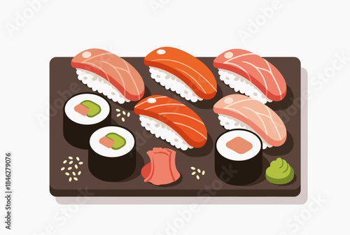 An inviting vector illustration of assorted sushi on a platter, showcasing culinary art and delightful flavors of Japanese cuisine.