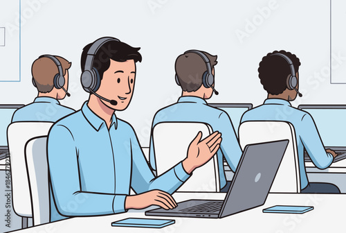 A vector illustration of a customer support team wearing headsets and working on laptops, representing online customer service and support.

